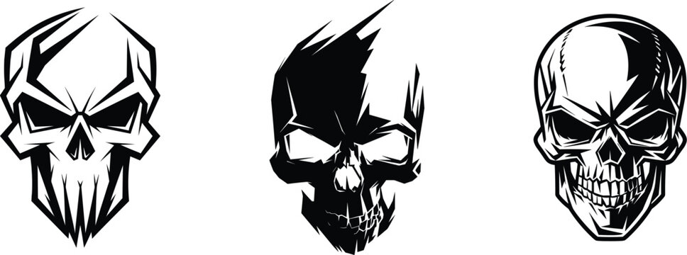 A set of scary human skulls suitable for t-shirts, bags, mugs, posters, and other graphics resources.