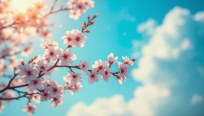 A serene landscape featuring delicate cherry blossoms and morning dew amidst a vibrant, gradient sky.