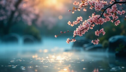 Cherry blossoms, water droplets, mist, Japanese garden, pond, dawn, golden light, dew, foliage, serene atmosphere, peaceful scene, natural beauty, springtime, floral, transparent orbs, blue-white grad