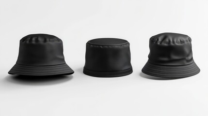 Three stylish black bucket hats displayed in a minimalist setting, showcasing different angles and designs