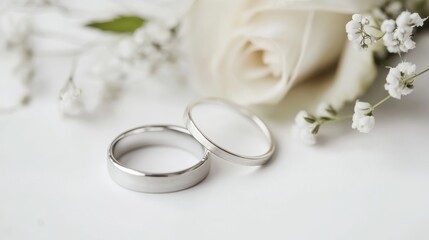 Elegant silver wedding rings with white rose and baby's breath flowers
