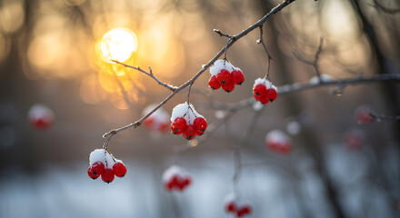 Red berries covered in snow hang from a branch against a blurred sunset background in winter time