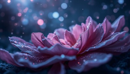 Delicate velvet petals, amethyst mist, silver constellations, midnight sky, soft rose hues, cosmic nebula, iridescent aurora borealis, wispy clouds, starry night, celestial beauty