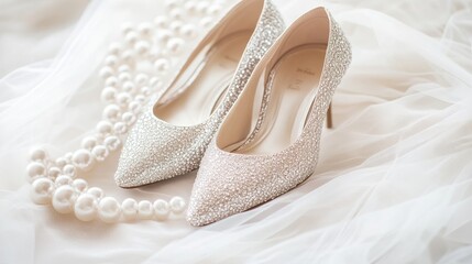 Elegant sparkling high heels and pearls on sheer fabric