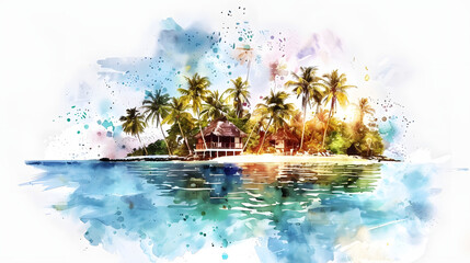 Obraz premium Private Island Retreats for Honeymoons holiday colorful watercolor