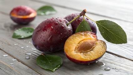 plums with leaves isolated on a white background with water drops