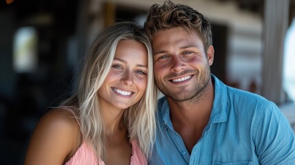 A joyful couple poses in a relaxed environment, capturing their happiness and warmth with bright smiles as they enjoy a lovely moment together.