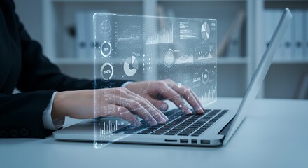 Woman using laptop with futuristic holographic display. Business data analysis, virtual interface concept. Digital transformation in corporate workspace.