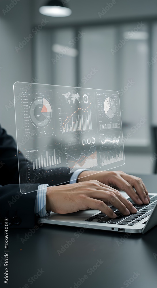Poster woman analyzing business data on virtual screen. digital transformation in finance. futuristic techn