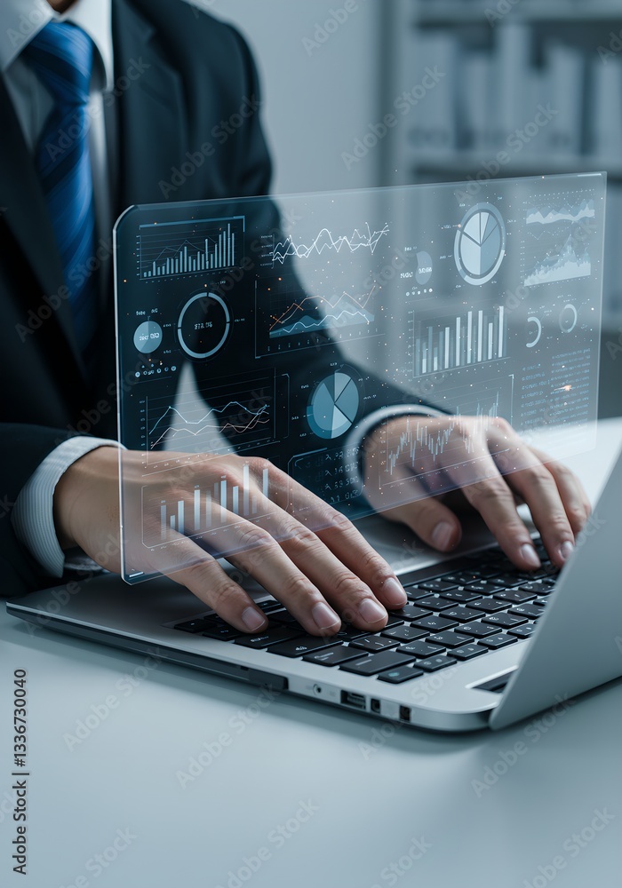 Poster businessman analyzing financial data on laptop with holographic interface. digital transformation in