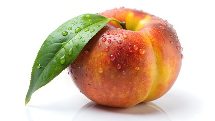 peaches with green leaf with water drops