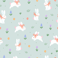 Bunnies with Bows and Flowers Seamless Pattern