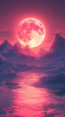 Crimson Moonlit Valley: A breathtaking panorama of a crimson moon casting its radiant glow upon a serene valley, with majestic mountains rising in the distance.