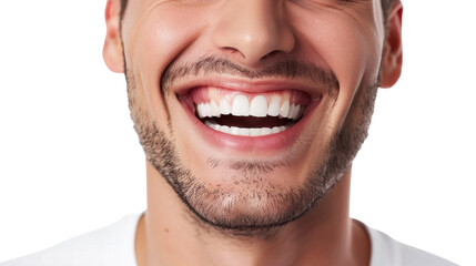 Fototapeta premium Close-up of man smiling showing perfect white teeth on transparent background