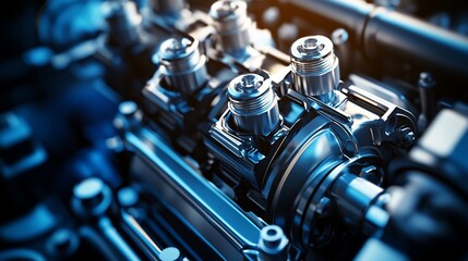 Fototapeta premium Close-up View of a Gleaming Engine's Internal Components, showcasing intricate details and metallic textures, reflecting technological precision and power.
