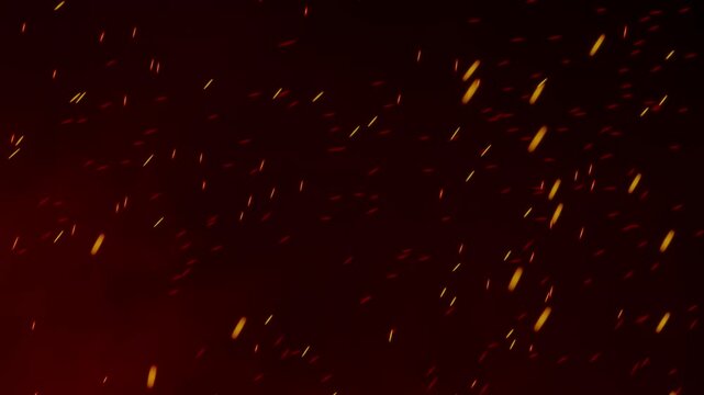 Seamless 4K loop of glowing fire sparks rising with dynamic motion. Warm orange lighting and smoky background enhance the dramatic atmosphere. Perfect for overlays, effects, or cinematic scenes.