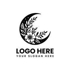 Monochrome moon with flowers illustration. Celestial botanical art