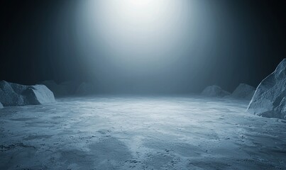 A barren, icy landscape under a bright light. The ground is rugged with rocky formations. Evokes a sense of isolation