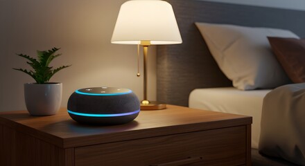 Smart speaker with blue light ring on wooden nightstand beside lamp and plant in cozy bedroom. Modern home automation device for controlling smart home appliances.