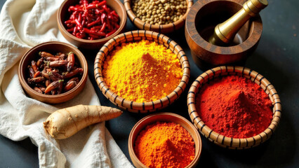 Fototapeta premium Top view of spices and herbs, ginger, turmeric, paprika and red pepper in plates on black background