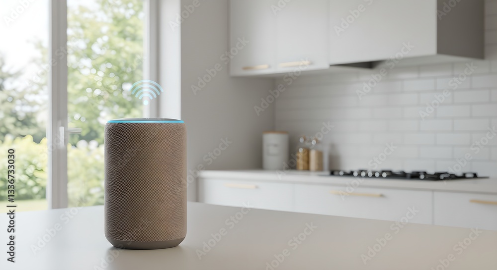 Poster smart speaker with voice assistant on white countertop in modern kitchen with subway tile backsplash