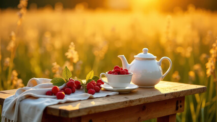 Fototapeta premium Rustic outdoor tea setup with white teapot, cup of raspberries, and cloth on a wooden table in a sunlit meadow at sunset