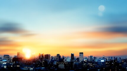 Naklejka premium Blurred abstract city business district with warm sunset hues, professional and dynamic