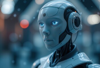 Fototapeta premium Advanced humanoid robot with blue glowing eyes and a sleek metallic structure