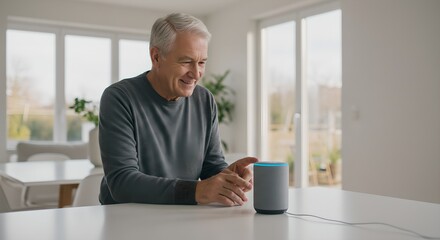 Senior caucasian man interacting with smart speaker in bright modern home. Elderly person using voice assistant technology for smart home control in minimalist interior.