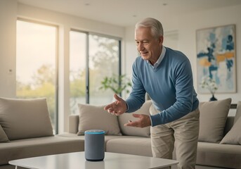 Senior caucasian man using smart speaker in modern living room. Elderly gentleman interacting with voice assistant technology at home for convenient lifestyle and smart home control.