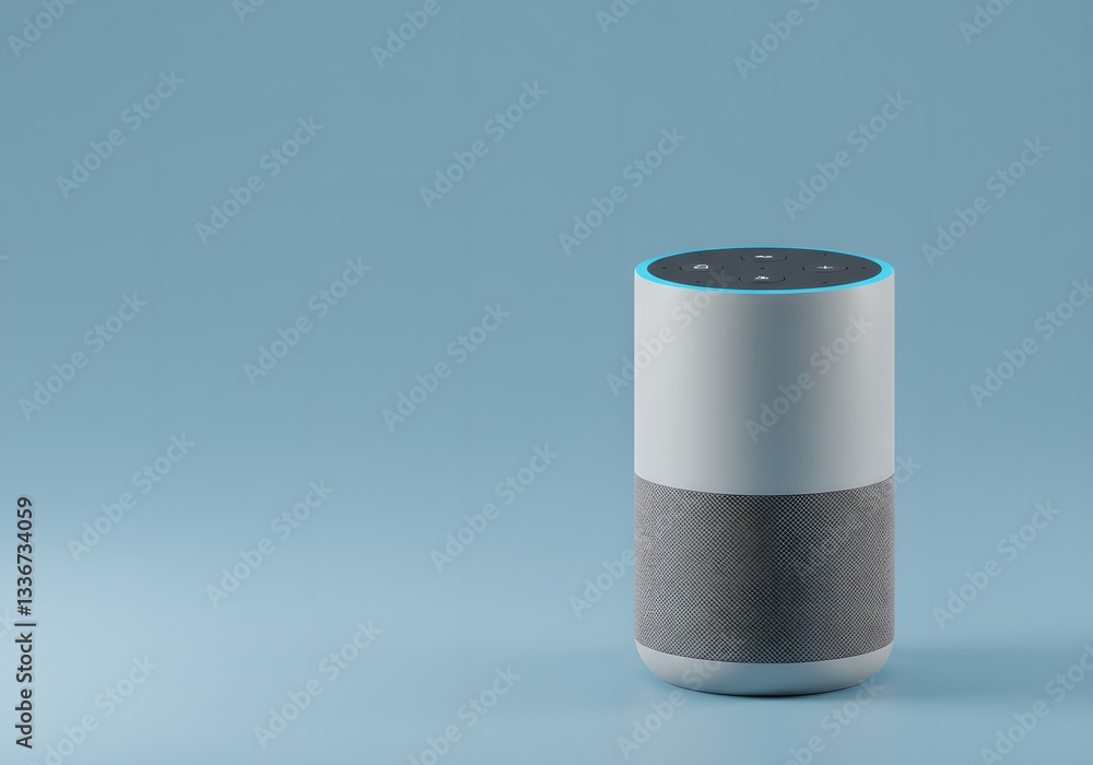 Poster smart speaker with voice control on light blue background with copy space. modern home assistant dev