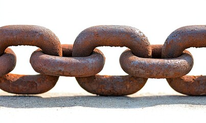 Fototapeta premium A close-up captures aged chain links on a textured surface, with white space around, showcasing rusty metal's texture and detail