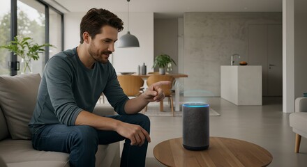 Caucasian man using smart speaker at home in modern minimalist interior. Digital assistant technology for smart home control in contemporary living room with plants and natural light.