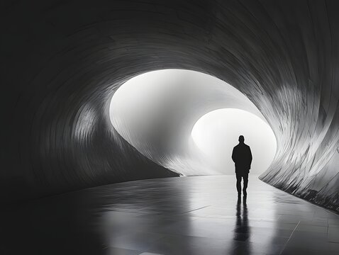 Silhouette in the Labyrinth: A solitary figure walks towards the bright opening of a futuristic tunnel, conveying a sense of journey, mystery, and introspection