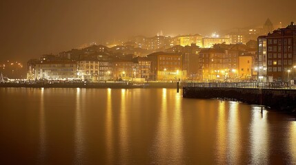 Fototapeta premium Nightfall over Coastal City: Golden Hues and City Lights Reflecting on Calm Waters