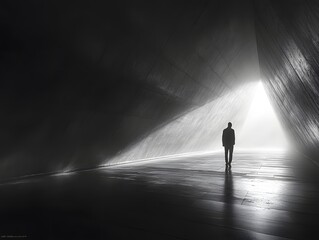 Solitary Journey: A man in silhouette strides confidently towards a bright, open doorway in a modern architectural setting.
