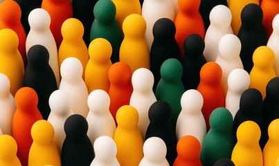A close-up view of colorful, diverse, human-shaped figures densely packed together, creating a vibrant, unified mass