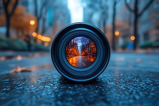 Close-up of a camera lens with detailed focus and optical features
