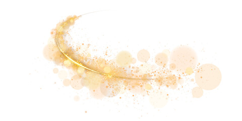 Golden sparks of dust and golden stars shine with special light. Trace of speed lines. Christmas light effect. Sparkling particles of magic dust. PNG.	