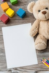 A cheerful 3D illustration features a blank daycare flyer on a rustic wooden table. Brightly colored toy blocks, crayons, and a teddy bear create a playful atmosphere, inviting creativity.