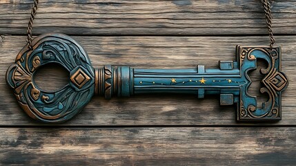 Ornate key hanging on rustic wood