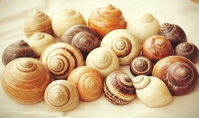 A collection of snail shells with diverse colors and patterns on a white fabric creates a calm nature theme
