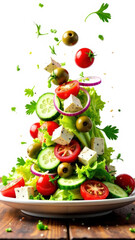 Fresh Greek salad with flying ingredients, including lettuce, tomatoes, cucumbers, olives, red onions, feta cheese, and olive oil, isolated on a white background