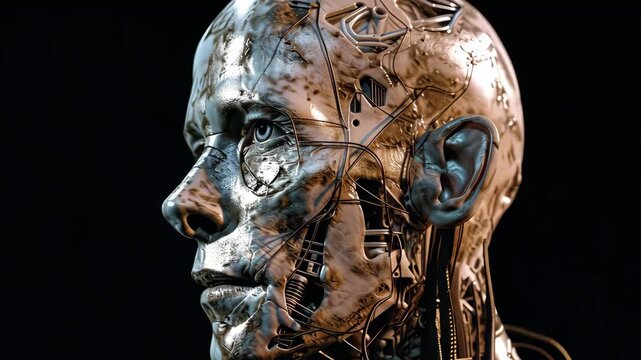 Transformation of android or humanoid robot on black isolated background.