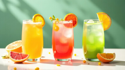 Fototapeta premium long banner close up cocktails or fruit juices in glass glasses on green background, citrus slices lying nearby