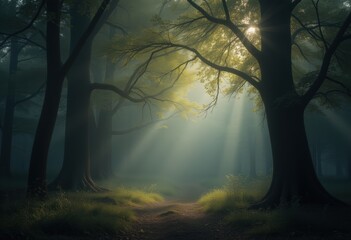Fototapeta premium Misty Forest Trail With Sunlight Filtering Through the Dense Tree Cover