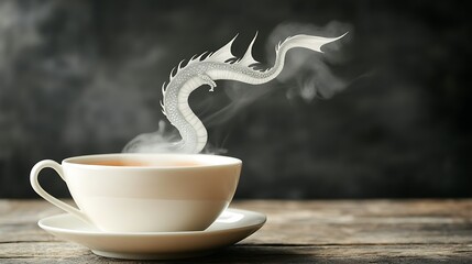 Steaming cup, dragon-shaped vapor, wooden table