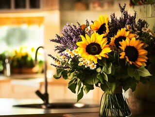 A vibrant summer bouquet featuring bright sunflowers, wildflowers, and daisies, beautifully arranged in a glass vase on a rustic wooden table.
