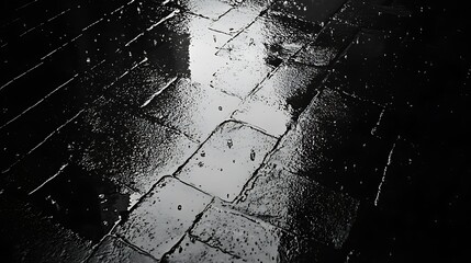 Wet cobblestone street, night rain reflection