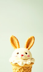 close up of bunny ice cream scoop with waffle ears in waffle cone, easter concept